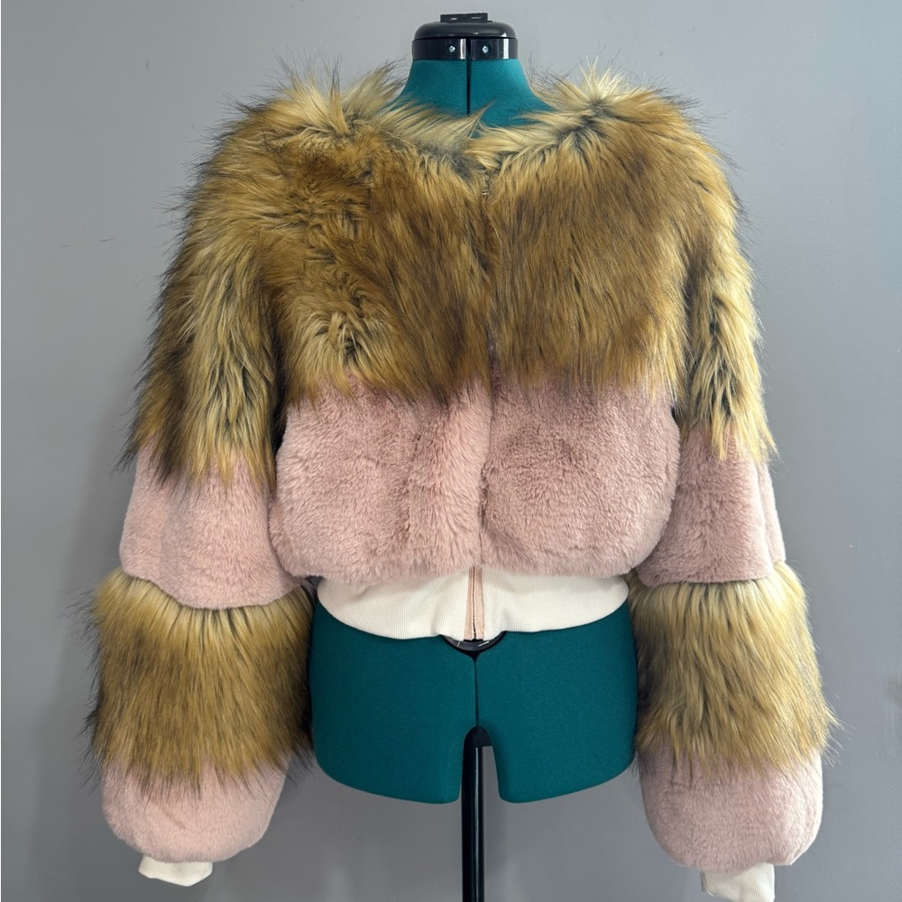 Stylish Pink and Brown Crop Faux Fur Jacket